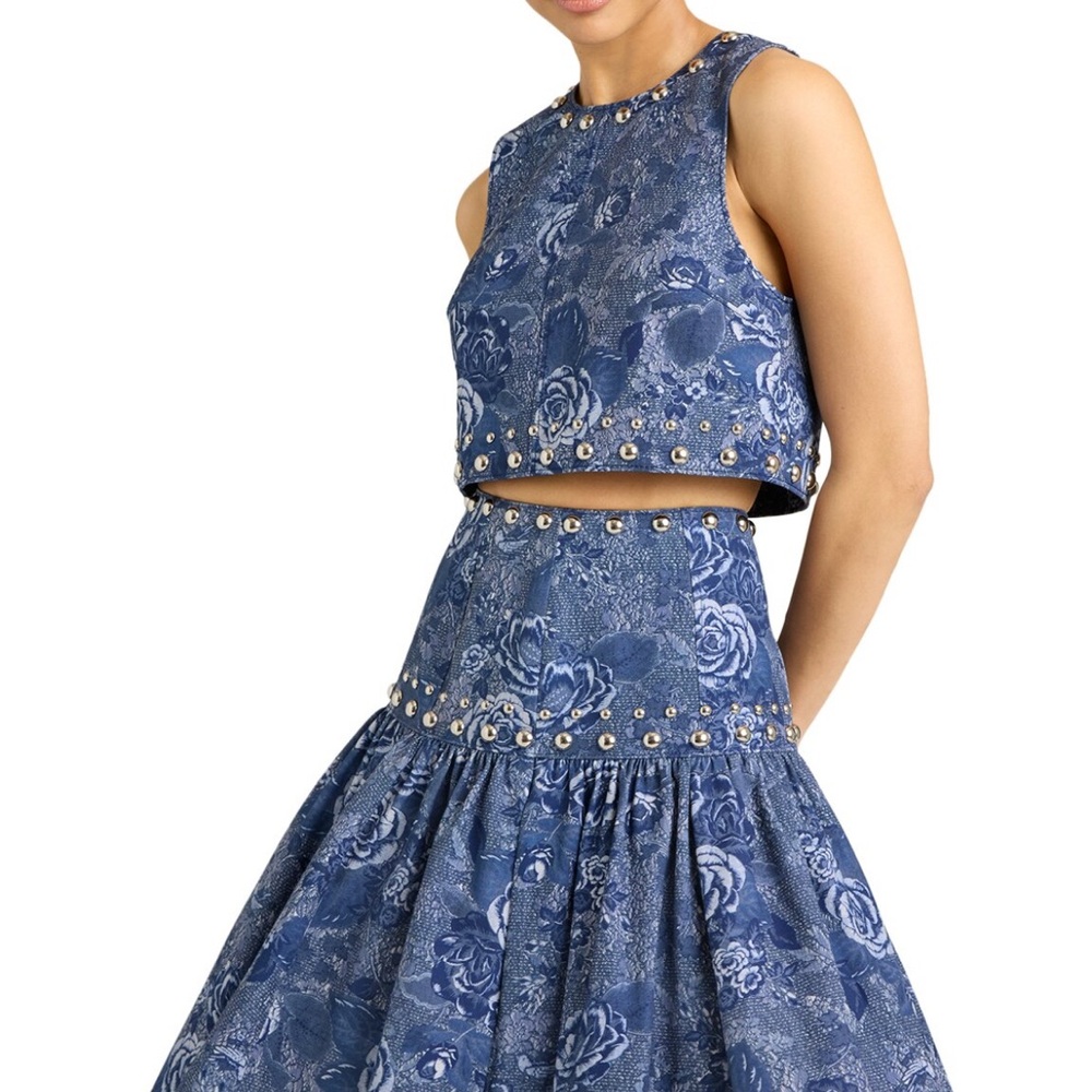 Cinq a Sept Blue Embellished Maia Midi Skirt Set